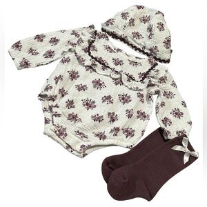 Nicole Miller Cream Baby Bodysuit with Plum Floral Trim